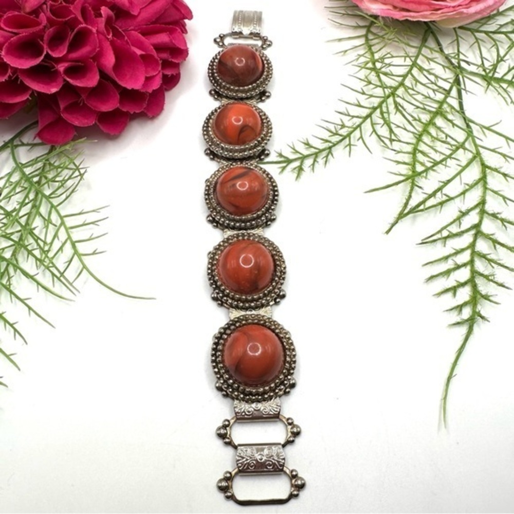 ANTIQUE⚜️Marbled Acrylic Cabochon Ornate Link Bracelet